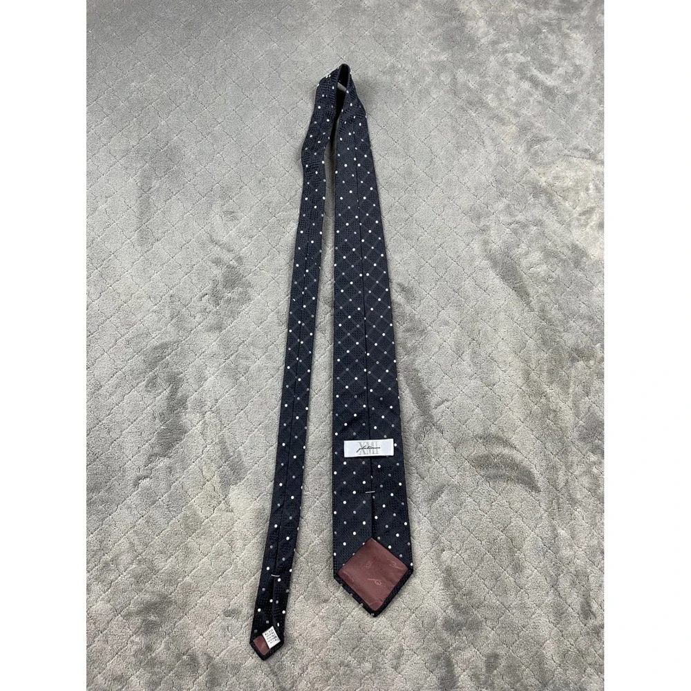 XMI Platinum Men Silk Tie Navy Blue Polka Dot Geometric Basketweave Handmade USA